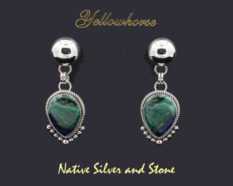 Z Artie Yellowhorse* - Navajo<br>1-15/16" Earrings<br>18mm x 14mm Chrysocolla<br>Reverse Teardrop<br>Single Twist & 7 Bead Accent<br>Silver Dome<br>Dangle Post<br>Sterling