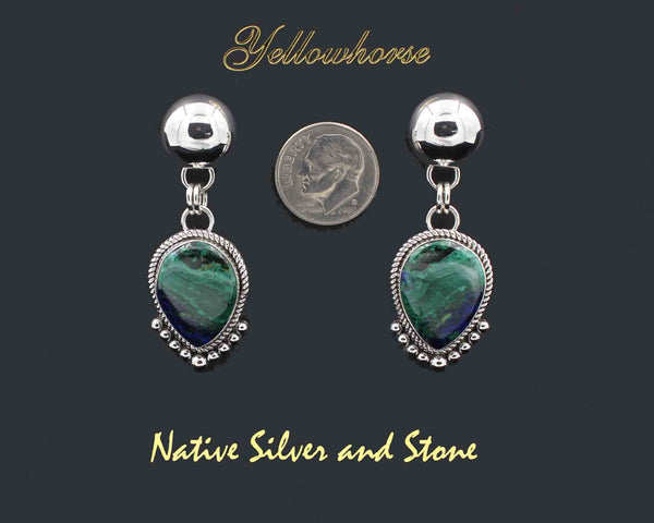 Z Artie Yellowhorse* - Navajo<br>1-15/16" Earrings<br>18mm x 14mm Chrysocolla<br>Reverse Teardrop<br>Single Twist & 7 Bead Accent<br>Silver Dome<br>Dangle Post<br>Sterling