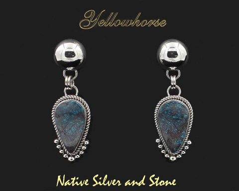 Z Artie Yellowhorse* - Navajo<br>2-3/8" Earrings<br>22mm x 12mm Shattuckite<br>Reverse Teardrop<br>Single Twist & 7 Bead Accent<br>Silver Dome<br>Dangle Post<br>Sterling