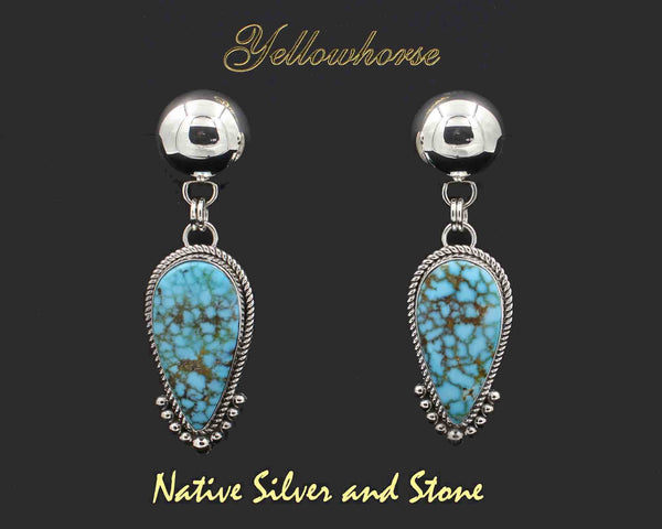 Z Artie Yellowhorse* - Navajo<br>2-3/8" Earrings<br>27mm x 14mm Turquoise Mountain - Reverse Teardrop<br>Single Twist & 7 Bead Accent<br>Silver Dome<br>Dangle Post<br>Sterling
