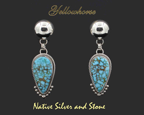 Z Artie Yellowhorse* - Navajo<br>2-3/8" Earrings<br>27mm x 14mm Turquoise Mountain - Reverse Teardrop<br>Single Twist & 7 Bead Accent<br>Silver Dome<br>Dangle Post<br>Sterling