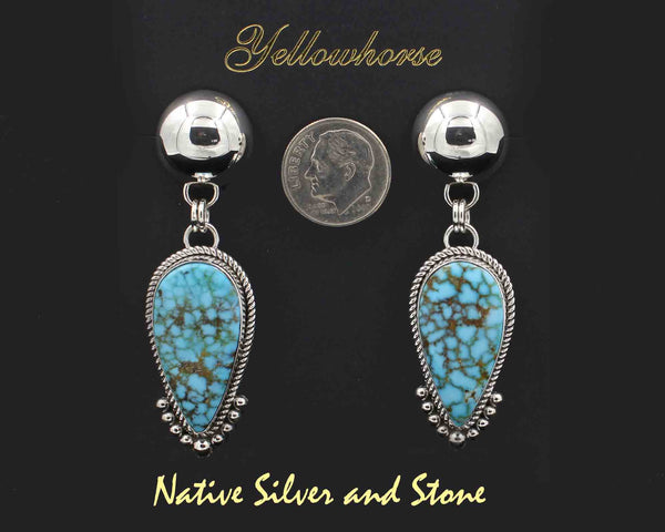 Z Artie Yellowhorse* - Navajo<br>2-3/8" Earrings<br>27mm x 14mm Turquoise Mountain - Reverse Teardrop<br>Single Twist & 7 Bead Accent<br>Silver Dome<br>Dangle Post<br>Sterling