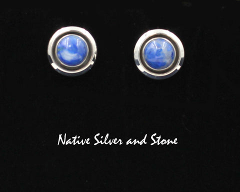 Artie Yellowhorse - Navajo<br>ERPLSBX<br>1/2" Earrings - Round<br>8mm Denim Lapis<br>Shadowbox<br>Post<br>Sterling Silver