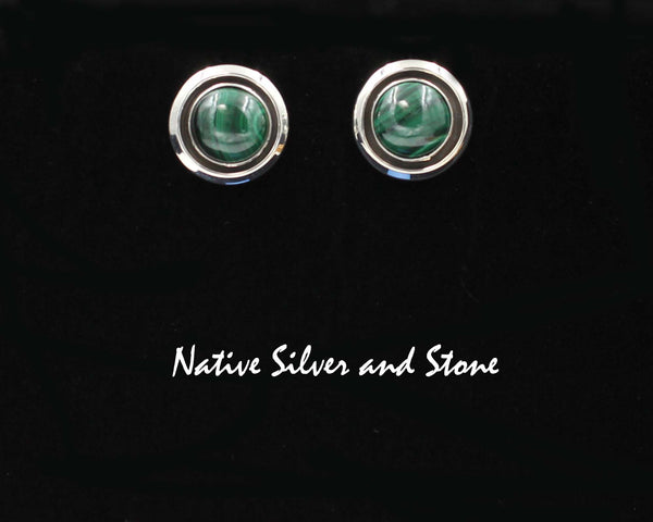 Z Artie Yellowhorse - Navajo<br>5/8" Earrings - Round<br>10mm Malachite<br>Shadowbox<br>Post<br>Sterling Silver