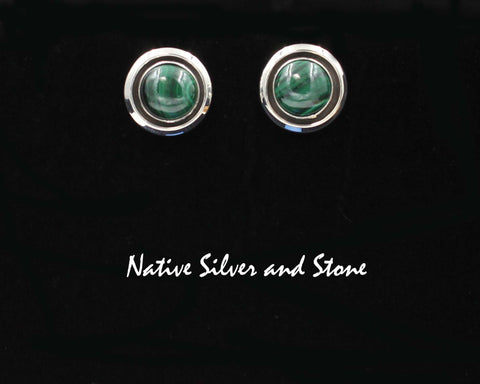 Z Artie Yellowhorse - Navajo<br>5/8" Earrings - Round<br>10mm Malachite<br>Shadowbox<br>Post<br>Sterling Silver