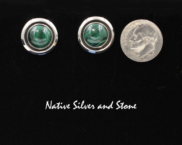 Z Artie Yellowhorse - Navajo<br>5/8" Earrings - Round<br>10mm Malachite<br>Shadowbox<br>Post<br>Sterling Silver