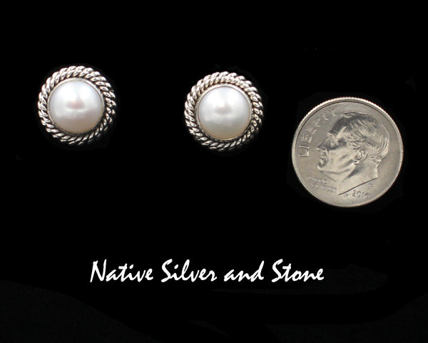 Z Artie Yellowhorse - Navajo<br>1/2" Earrings<br>8mm White<br>Freshwater Pearl<br>Double Twist - Large & Small<br>Post<br>Sterling Silver