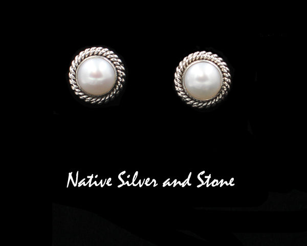 Z Artie Yellowhorse - Navajo<br>1/2" Earrings<br>8mm White<br>Freshwater Pearl<br>Double Twist - Large & Small<br>Post<br>Sterling Silver