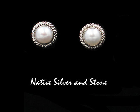 Z Artie Yellowhorse - Navajo<br>1/2" Earrings<br>8mm White<br>Freshwater Pearl<br>Double Twist - Large & Small<br>Post<br>Sterling Silver