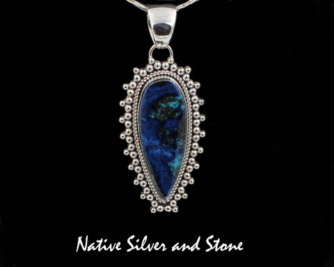 Z Artie Yellowhorse* - Navajo<br>2-1/4"  Pendant<br>Azurite<br>Medium Reverse Teardrop<br>Single Twist - Burst Beads<br>Sterling Silver