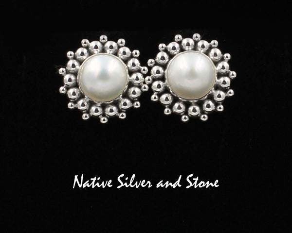 Z Artie Yellowhorse - Navajo<br>1" Earrings<br>13mm White<br>Mabe Pearl<br>Burst Bead/Scatterdot<br>Post<br>Sterling Silver