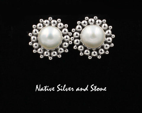 Z Artie Yellowhorse - Navajo<br>1" Earrings<br>13mm White<br>Mabe Pearl<br>Burst Bead/Scatterdot<br>Post<br>Sterling Silver