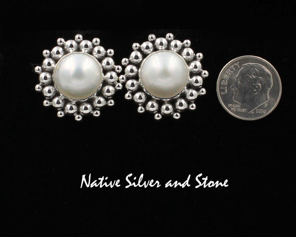 Z Artie Yellowhorse - Navajo<br>1" Earrings<br>13mm White<br>Mabe Pearl<br>Burst Bead/Scatterdot<br>Post<br>Sterling Silver