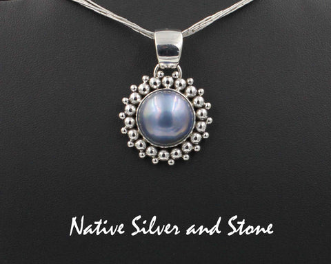 Z Artie Yellowhorse - Navajo<br>1-1/4"  Pendant<br>17mm Grey-Blue Mabe Pearl<br>Multi-Bead<br>Sterling Silver