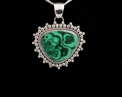 Z Artie Yellowhorse - Navajo<br>1-7/8"  Pendant<br>Malachite<br>Medium-Large Vertical Soft Triangle<br>Single Twist - Burst Beads<br>Sterling Silver