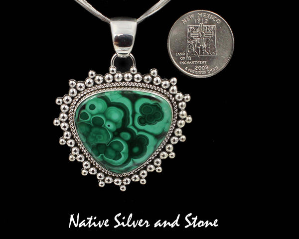 Z Artie Yellowhorse - Navajo<br>1-7/8"  Pendant<br>Malachite<br>Medium-Large Vertical Soft Triangle<br>Single Twist - Burst Beads<br>Sterling Silver