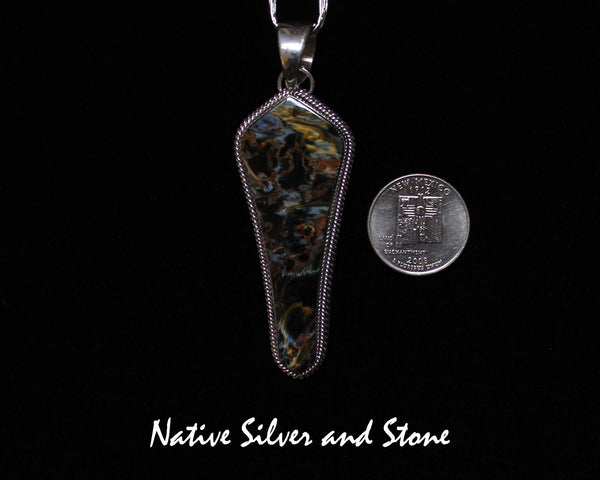 Z Artie Yellowhorse* - Navajo<br>2-3/4" Pendant<br>Natural Pietersite/Pietercite<br>Brown-Gold-Olive<br>Long Freeform "Shield"<br>Double Twist Perimeter<br>Sterling Silver