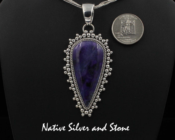 Z Artie Yellowhorse - Navajo<br>2-1/4"  Pendant<br>Sugilite<br>Medium-Large Reverse Teardrop<br>Single Twist - Burst Beads<br>Sterling Silver