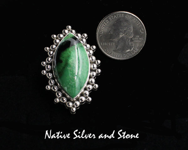 Artie Yellowhorse - Navajo<br>1-3/4" Ring<br>Green Garnet<br>Fat Vertical Sharp Oval<br>Burst Beads/Scatterdot<br>Sterling Silver<br>Size 8