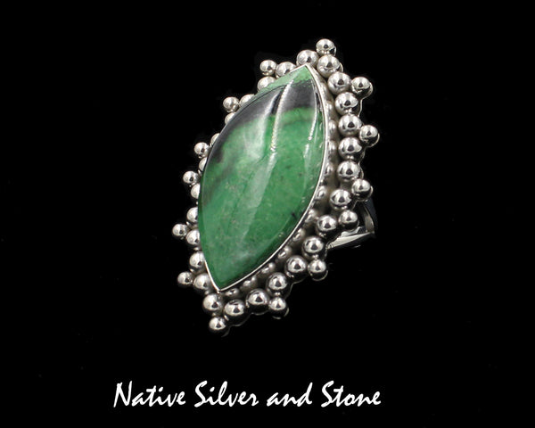 Artie Yellowhorse - Navajo<br>1-3/4" Ring<br>Green Garnet<br>Fat Vertical Sharp Oval<br>Burst Beads/Scatterdot<br>Sterling Silver<br>Size 8