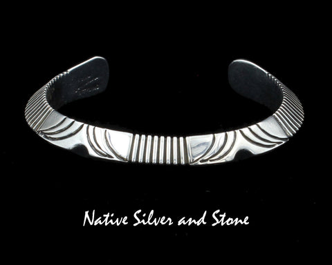 Artie Yellowhorse - Navajo<br>D1<br>by Henry Chackee<br>BCASSC<br>5/16" Bracelet Cuff<br>Tri-Peaked Sawcuts<br>Flared Ends<br>Sterling Silver<br>Size 5-3/8 (Very Small)