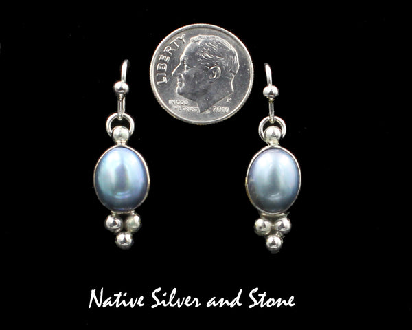 Z Artie Yellowhorse - Navajo<br>7/8" Earrings<br>Pearl - Silver Blue Vertical Oval<br>Bead Accents<br>Hook<br>Sterling Silver