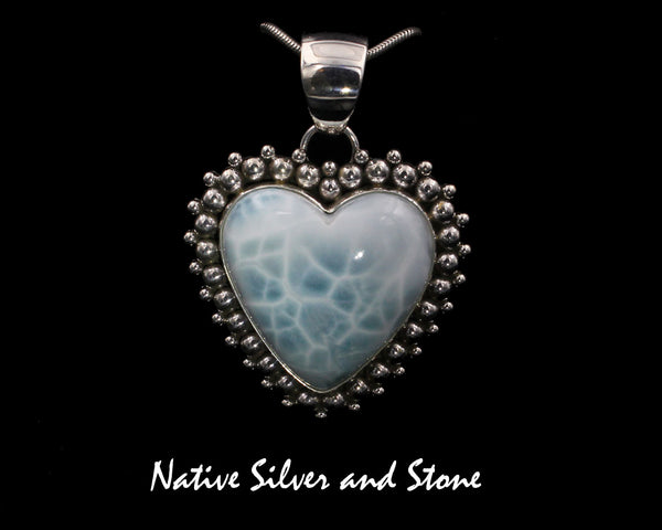 Artie Yellowhorse - Navajo<br>1-5/8" Pendant<br>30mm x 30mm Heart<br>Larimar<br>Multi-Bead- Large & Small<br>Sterling Silver