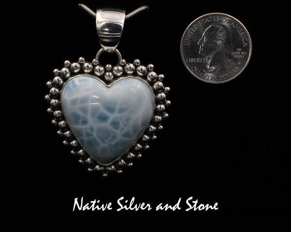 Artie Yellowhorse - Navajo<br>1-5/8" Pendant<br>30mm x 30mm Heart<br>Larimar<br>Multi-Bead- Large & Small<br>Sterling Silver
