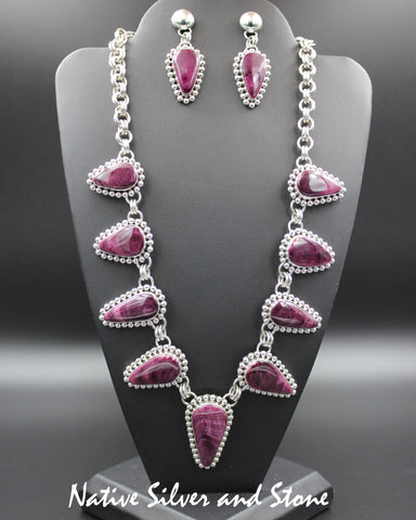 Z Artie Yellowhorse - Navajo<br>Set - Purple Spiny Oyster<br>Necklace &<br>Earrings-Dangle Post<br>Reverse Teardrop<br>Single Bead<br>Sterling Silver