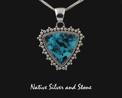 Z Artie Yellowhorse - Navajo<br>1-3/4"  Pendant<br>Shattuckite<br>Medium-Large Vertical Triangle<br>Single Twist - Burst Beads<br>Sterling Silver