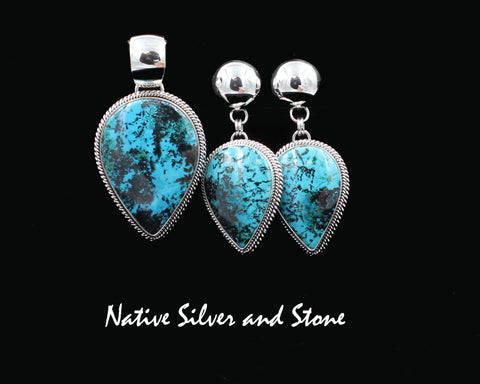 Z Artie Yellowhorse* - Navajo<br>Set - Shattuckite<br>Pendant & Earrings-Dangle Post<br>Reverse Teardrop<br>Sterling Silver