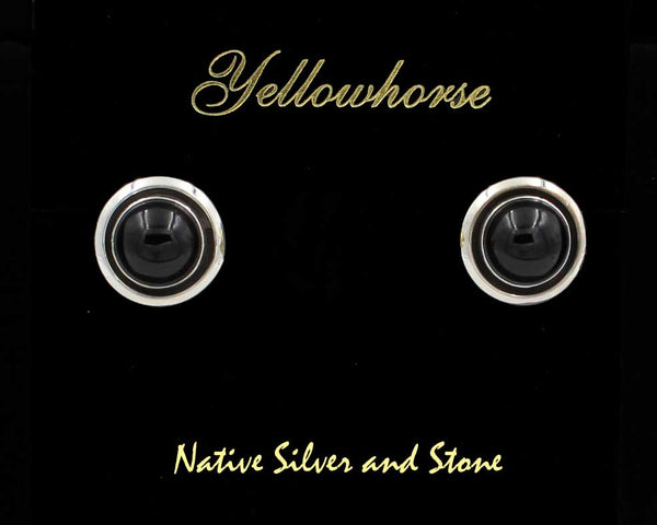 Z Artie Yellowhorse - Navajo<br>5/8" Earrings - Round<br>Shadowbox<br>10mm Onyx <br>Post<br>Sterling Silver