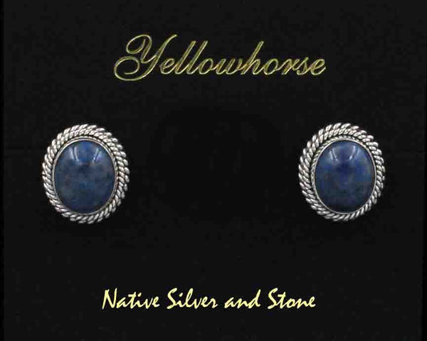 Z Artie Yellowhorse - Navajo<br>5/8" Earrings - Post<br>12mm Denim Lapis Oval - Vertical<br>Double Twist - Large & Small<br>Sterling Silver