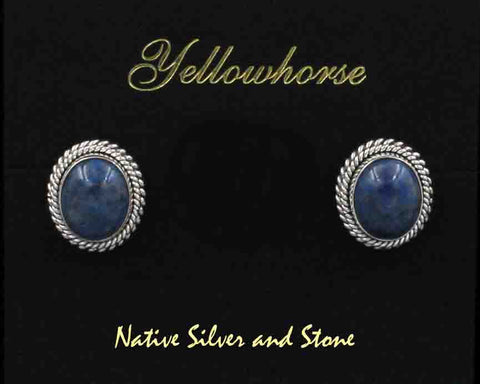 Z Artie Yellowhorse - Navajo<br>5/8" Earrings - Post<br>12mm Denim Lapis Oval - Vertical<br>Double Twist - Large & Small<br>Sterling Silver