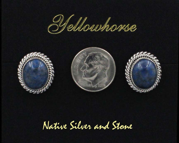 Z Artie Yellowhorse - Navajo<br>5/8" Earrings - Post<br>12mm Denim Lapis Oval - Vertical<br>Double Twist - Large & Small<br>Sterling Silver