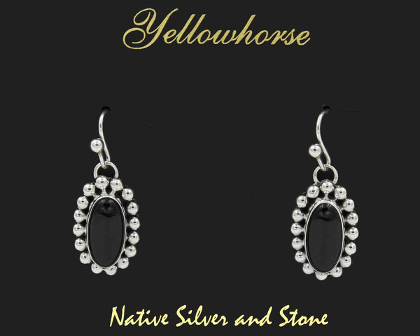 Artie Yellowhorse - Navajo<br>ERSHOSB<br>1-1/4" Earrings<br>14mm x 7mm  Onyx - Narrow Ovals<br>Single Bead<br>Hook<br>Sterling Silver