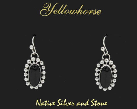Artie Yellowhorse - Navajo<br>ERSHOSB<br>1-1/4" Earrings<br>14mm x 7mm  Onyx - Narrow Ovals<br>Single Bead<br>Hook<br>Sterling Silver