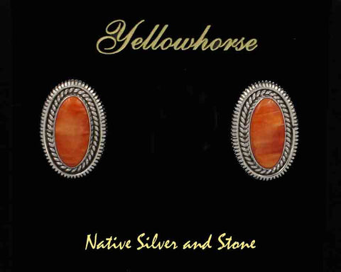 Z Artie Yellowhorse - Navajo<br>7/8" Earrings<br>15mm x 8mm Orange Spiny Ovals<br>Single Twist & Straight Sawcut<br>Post<br>Sterling Silver