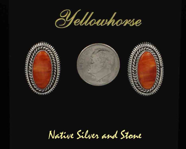 Z Artie Yellowhorse - Navajo<br>7/8" Earrings<br>15mm x 8mm Orange Spiny Ovals<br>Single Twist & Straight Sawcut<br>Post<br>Sterling Silver