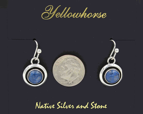 Z Artie Yellowhorse - Navajo<br>1/2" Earrings - Round<br>8mm Denim Lapis<br>Shadowbox<br>Hook<br>Sterling Silver