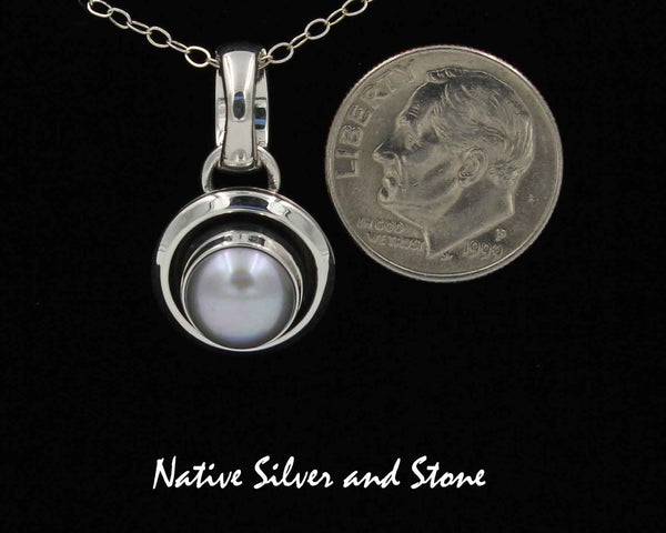 Z Artie Yellowhorse - Navajo<br>Pendant 1/2"<br>8mm Grey Pearl<br>Small Domed Shadowbox<br>Sterling Silver