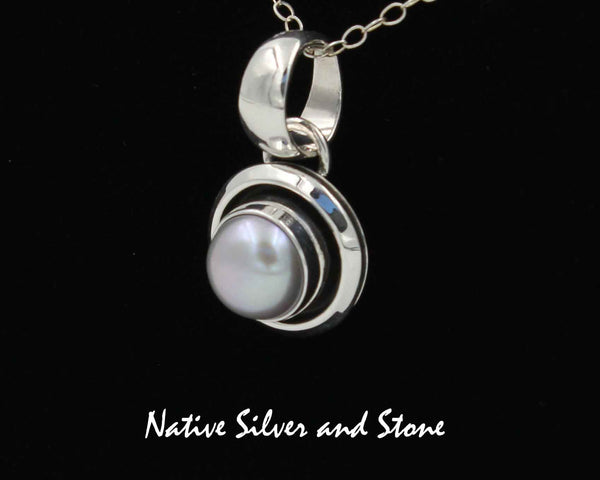 Z Artie Yellowhorse - Navajo<br>Pendant 1/2"<br>8mm Grey Pearl<br>Small Domed Shadowbox<br>Sterling Silver