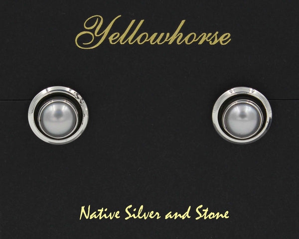 Z Artie Yellowhorse - Navajo<br>9/16" Earrings<br>8mm Pearl Grey<br>Medium Dark<br>Shadowbox<br>Post<br>Sterling Silver