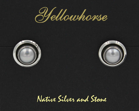 Z Artie Yellowhorse - Navajo<br>9/16" Earrings<br>8mm Pearl Grey<br>Medium Dark<br>Shadowbox<br>Post<br>Sterling Silver