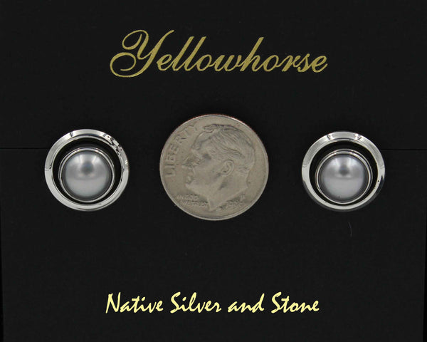 Z Artie Yellowhorse - Navajo<br>9/16" Earrings<br>8mm Pearl Grey<br>Medium Dark<br>Shadowbox<br>Post<br>Sterling Silver