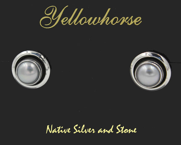 Z Artie Yellowhorse - Navajo<br>9/16" Earrings<br>8mm Pearl Grey<br>Medium Dark<br>Shadowbox<br>Post<br>Sterling Silver