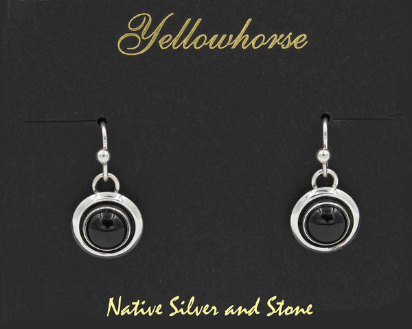 Z Artie Yellowhorse - Navajo<br>1/2"  Earrings - Round<br>8mm Onyx<br>Shadowbox<br>Hook<br>Sterling Silver