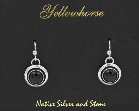 Z Artie Yellowhorse - Navajo<br>1/2"  Earrings - Round<br>8mm Onyx<br>Shadowbox<br>Hook<br>Sterling Silver