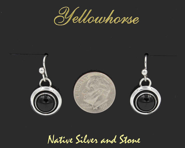 Z Artie Yellowhorse - Navajo<br>1/2"  Earrings - Round<br>8mm Onyx<br>Shadowbox<br>Hook<br>Sterling Silver