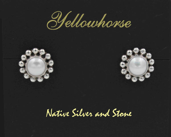Z Artie Yellowhorse - Navajo<br>ERPPSB<br>9/16" Earrings<br>8mm White<br>Freshwater Pearl<br>Single Bead<br>Post<br>Sterling Silver